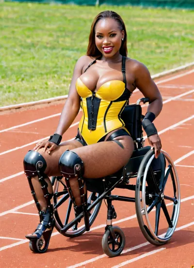 Sexy busty Kenyan 27yo woman with one leg in a sportive wheelchair, Paralympic athlete, (prosthetic leg:1.4), (prosthetic limb:1.3), artificial leg, beautiful face, sexy smile, realistic skin, skin imperfections, sexy black and yellow latex corset, spreading her legs, (her legs have been amputated at the knee:1.2), (exposing a hairy pussy:1.2), (her hand is fingering her pussy:1.2), looking at viewer in a seductive sexy way, handicapped people are horny too, at a lakeside track field