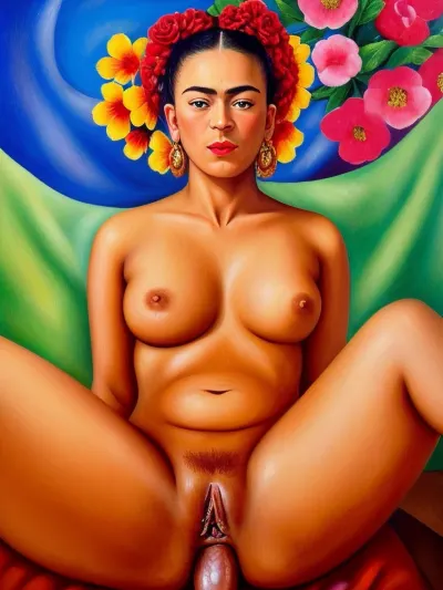 La pittura a olio di Frida Kahlo presenta una donna con le gambe spalancate, mostrando il suo sesso anale in una foto. Il volto della donna è contorto in piacere mentre raggiunge l'orgasmo