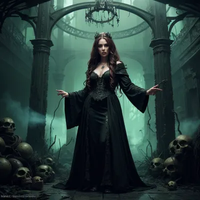 The 8k photo realistic wizard robe and tiara with skulls photo is a masterpiece of Gothic horror