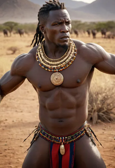 자연적인 매듭, Maasai tribal 장신구, 아프리카에 서 4k UHD 서 있는 4k UHD에 있는 ferocious 검정 waslion. 매우 강력한 거짓 금광 주위에 그의 몸 보고 hungrily 에