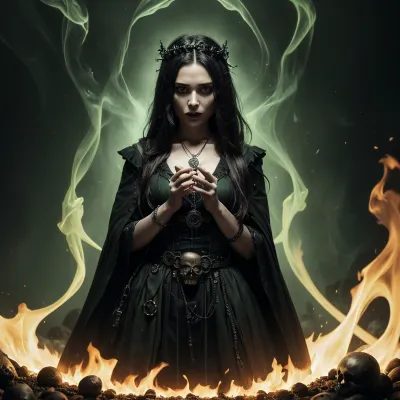 Ein hyper-detailed, 8k Foto realistisches Bild einer morbiden Frau in einem grünen Dampf auf Feuer stehend in einem Steampunk Labor mit ihrem schwarzen und grünen Zauberstab, die Schädel erzeugen