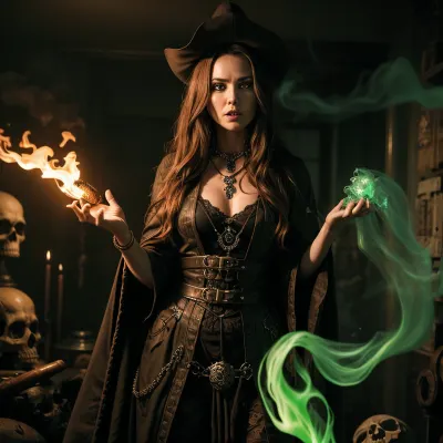 A hyper-detailed, morbid, and Gothic horror photo realistic 8k AI generated picture of a woman in a green steampunk laboratory with a black and green wizard robe standing in front of a green flame on the floor. She has dark mist