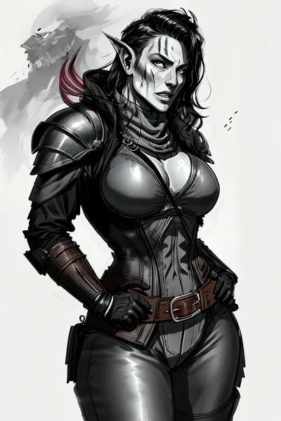 The woman in the portrait had scars on her face and body, likely from battles she had fought. She wore a full armor set made of black metal with a half-orc warrior pose. Her skin was gray and her hair was black, with big