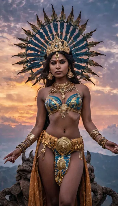 A woman stands in front of a statue of the goddess Kali, her expression fierce yet serene. Her hair is adorned with intricate symbols and colors, representing power and wisdom. The sky behind her swirls with colors of dusk,