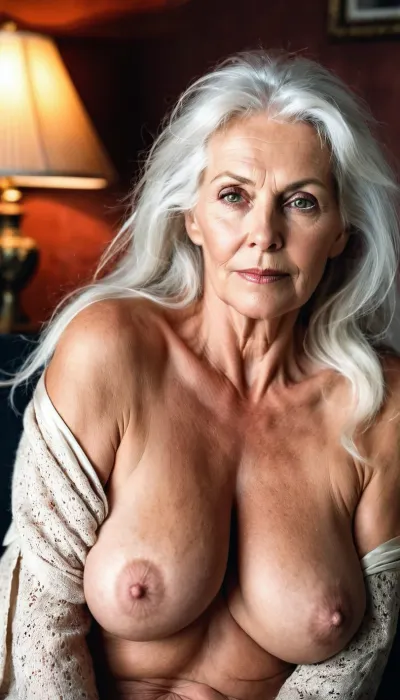 A 50-year-old Swedish woman with long flowing messy white hair, pretty face, huge bare breasts, and sexy picture was the subject of a pornographic story
