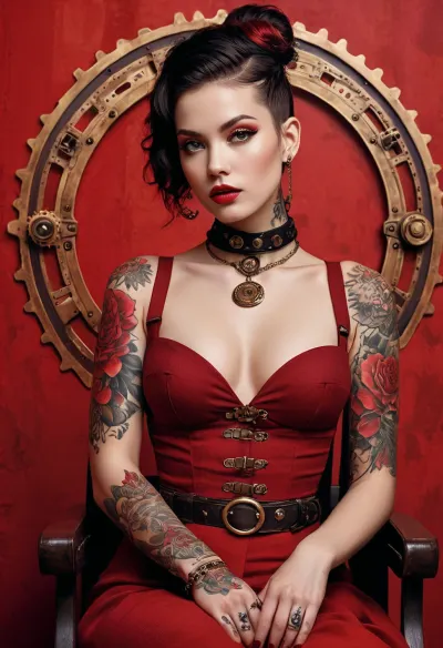 In the steampunk city, a woman with tattoos sits on the clear background of a hyperrealistic painting of an advertising cinema poster. The cover features jingna zhang's 'obey' on the cover, with high-quality text