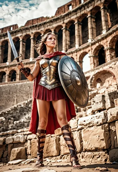 woman, Gladiator, 18 years old, (athletic body), (point dagger upwards), looking to sky, (shout), serious face, (proud statue), hold gladius and shield, (red cape), ((pose, ready to fight)), arena, colloseum, (soft focus, ultra realistic, realistic, photorealistic, photo realistic, photorealism), (highly detailed face), painterly watercolor effect, (light sepia)