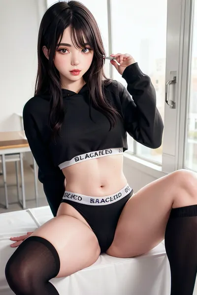 Une jeune femme à la peau pâle, à la tenue noircie et à la capuche recadrée portait une capuche recadrée qui montrait son décolleté et sa culotte de string. Son soutien-gorge était noirci avec ses tétons montrant à travers le