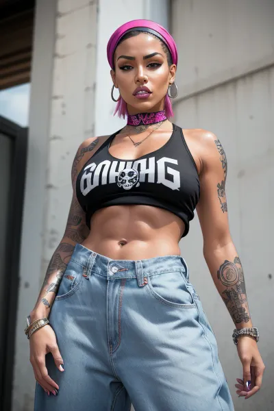 Una donna tatuata in stile Chicano con un tatuaggio a corpo pieno e abs definiti, abs tonici e biceps adornati con una collana di choker fatta di borchie d'argento