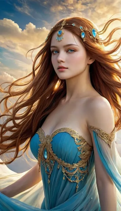 Elara, a celestial beauty with flowing hair and delicate skin, floats among the clouds in a realm where imagination and reality blend. Her ethereal presence is as ethereal as the wispy clouds that cradle her like wings, adding to