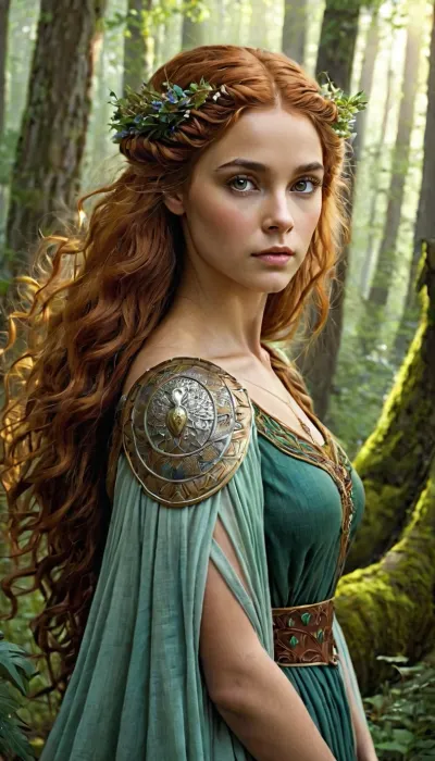 Elara was a guardian spirit of the forest, tasked with protecting its inhabitants and their environment. She had eyes that could see everything around her, from the tiniest insect to the grandest tree. Her hair was a shimmering gold, casc