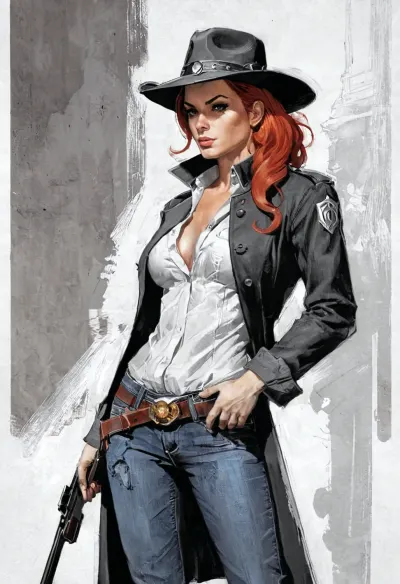 Das AI-generierte Kunstwerk zeigt eine Frau mit langen Reißzähnen, roten Haaren und einem sündhaften Lächeln. Sie trägt einen Cowboyhut und hält eine Schrotflinte. Die Kunstwerke wurden erstellt von Greg Tocchini, Greg Rutkowski, James Gi