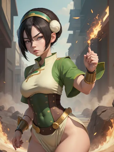 The little girl with the toph beifong expressionless face stood in front of the cowboy, her arms crossed. She was wearing a short hair bun and a grey outfit that hugged her curves. Her expressionless face made it hard to tell