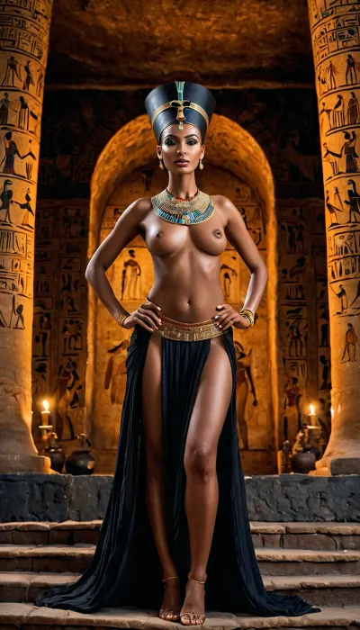 An ultrarealistic AI-generated photo of a topless Egyptian Queen Nefertiti style, high-resolution, photorealistic image with transparent antic Egyptian dress and white greek flat buskins in front view