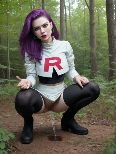 Jessie from Team Rocket was squatting and peeing on a forest clearing, wearing her uniform with cropped thighhighs and zettai ryouiki. She lifted her leg up to pee, showing off her long hair and sexy face