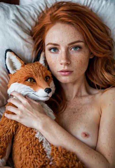 A woman wakes up to a picture of her best friend in her bed, who has just sent her a picture of a beautiful slim fit woman waking up in her bed. The fox toy hugging tightly to the phone is hyperrealistic, extremely