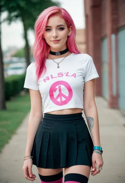 Ein junges Mädchen mit einer schlanken Taille, dünner Taille und rosa Haar stand vor dem Spiegel bewundern ihr Outfit. Sie trug ein grafisches T-Shirt, das ihre schlanke Taille und getönte Beine zeigte. Ihr Mikrorock war kurz genug