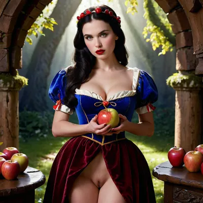 Blanche-neige, une femme captivante avec une pomme à la main, des spectateurs captivants avec sa pose séduisante et une vue complète du corps