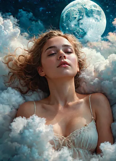 A young woman, captured in a 3/4 body view with high resolution and detailed face, is floating weightlessly above the clouds in a pastel color palette with rough brushstrokes. The pastel color palette adds texture to the painting and gives