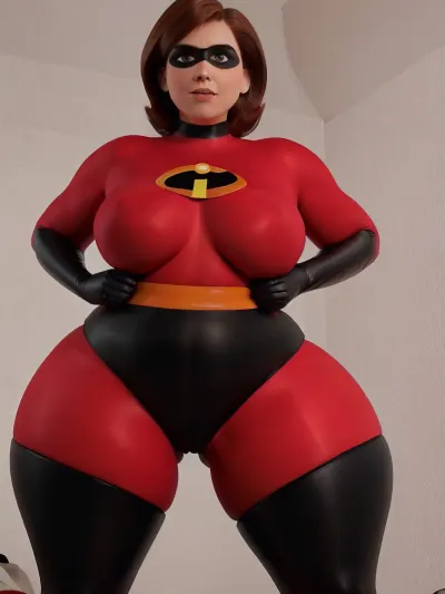 The AI generated porn picture of Helen Parr, the superhero Elastigirl, with a full body outfit and voluptuous breasts