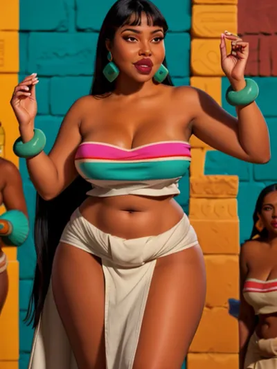 A mulher na foto está vestindo uma parte superior direita da pele que mostra seu corpo completo, incluindo rugas de rosto maduro e imperfeições. Seus seios maduros são visíveis através do topo, e ela tem algumas rugas em sua testa. A foto