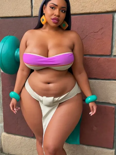 A mulher na foto é confiante e madura, com um corpo inteiro e poros visíveis. Sua pele é imperfeita, com sobrancelhas grossas e lábios cheios que insinuam em um sorriso safado. Apesar disso, ela exala confiança na foto, em pé