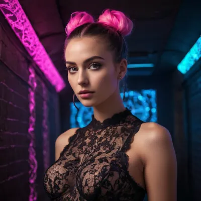 The woman in the HDR photo is a true work of art, with her neon pink hair and fit body making her appear even more perfect. Her 18 years old face is full of life and energy, and she's looking directly into the camera with