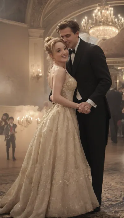 A princess in a princess dress and a man in a tuxedo stood in the grand ballroom, lost in each other's company