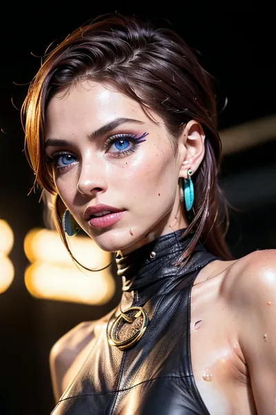 In the secret underground rave club, a stunningly beautiful woman with a perfect face and perfect skin walked in wearing neonpunk dance music filling the air. Her body was slim and athletic, her curves perfectly proportioned. She wore high-quality mage