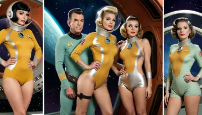 The concept art depicts a young girl in a highly detailed and asymmetrical outfit. She is wearing a tight uniform shirt with multiple views, including asymmetrical designs, crotchless clothing, halter necks, retro scifi style, seethr