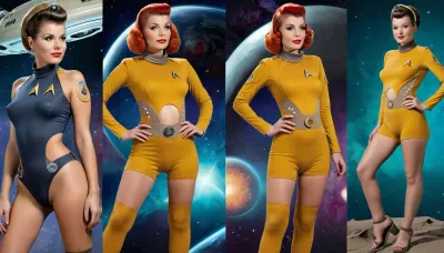 The highly detailed and artistic depiction of a futuristic alien girl in an asymmetrical outfit is described in detail, including her retro scifi and military-inspired designs. The clothing is heavily influenced by retro scifi and military-inspired designs, with multiple