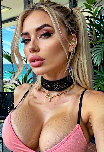A young girl obsessed with porn and artificial intelligence creates a detailed and realistic picture of herself, with high-definition camera on her phone, bright eyes for make-up, firm fake lips, high definition camera on her phone outside in the morning