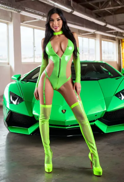 Une superbe athlétisme italienne posée pour une séance photo portant une tenue de latex vert avec une plate-forme de talons hauts, mettant en évidence ses courbes et sensualité à travers l'objectif de l'appareil photo du photographe