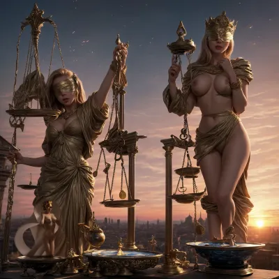 萨尔瓦多·达利的杰作"带着眼罩的lady Justice"描绘了一个超现实的世界,正义的尺度正在融化,这位年轻的女士拿着一把剑. 环境是令人发指的荒凉帝国崩溃 天空是金色的