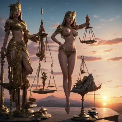 Salvadore Dali的画作“有眼罩的淑女正义”描绘了一个超现实的场景,一个年轻女性拿着一把剑,站在帝国崩溃的场景前. 正义的尺度正在融化,背景令人无法想象