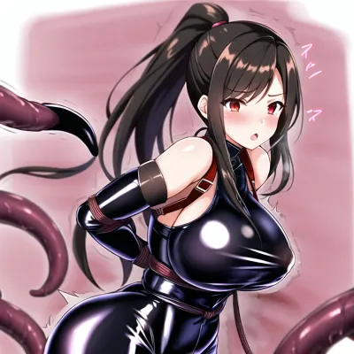 AIの生成されたテキストは、体の周りに包まれた触手とセクシーなアームバインドラーの詳細な説明であり、細部とポニーテール、大きなボブ、大きな首、体の周りにラップする触手とバニーラテックススーツ