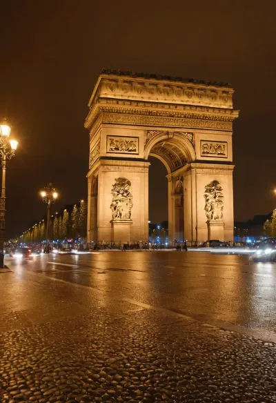 A street scene in Paris at night, with the Arc de Triomphe as a stunning backdrop and people enjoying the city's atmosphere