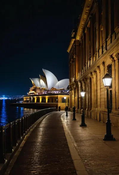 Sidney, Australia's picturesque city by night, captured in a street scene with opera house and water view