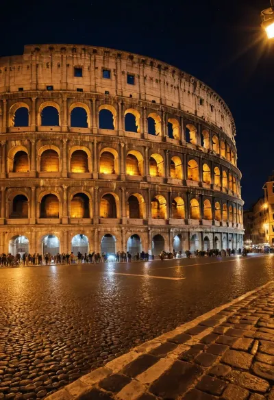 The night was young and the streets of Rome were alive with energy. The Colosseum, a symbol of the city's grandeur, stood tall in the distance. As I walked by, I couldn't help but notice a group of people gathered