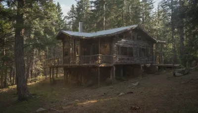 The stilt house stood tall and proud in the middle of a dense pine forest, blending seamlessly with the towering pine trees that surrounded it. The house was made of rustic wood and featured large windows, adding to its cozy and inviting atmosphere