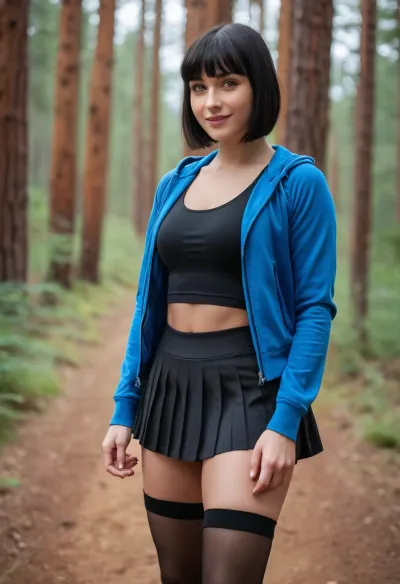 The young girl stood in front of the forest background, her striking blue eyes and long black hair framing her perfect skin and fit figure. She wore a revealing gym outfit that showed off her toned body, and she smiled as she took a picture with