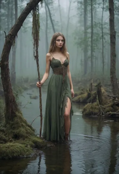 若い ロシア ウィッチ に tattered ドレス wandered による 霧の fantasy swamp, leaning 上の 彼女の 薄い cane. 彼女の細いボディは、完璧な膝とスリムなウエストで、スリムで細いです。 目に見えた大きな目で薄顔をした