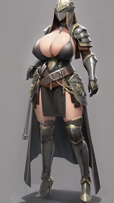 Alice, a female knight with big breasts and covered armor, found an ancient artifact that granted her the power to slay monsters. She used it to protect the kingdom from any evil and became known as "The Knight of High Heels" for her