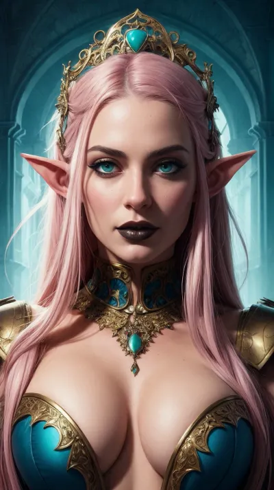 Eloise, a beautiful fantasy elf, is tasked with creating an intricate pornographic picture of the town's castle courtyard gardens. She uses her incredible skills to create a hyper detailed masterpiece that captures every detail of the lush greenery and intricate stonework