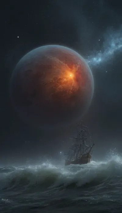 In the vastness of space, a small boat navigates through the endless ocean. The sky is filled with stars and a milky way galaxy stretches across the horizon. Suddenly, a powerful thunderbolt rips through the night sky, illuminating everything