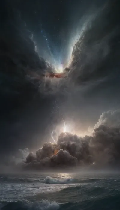 In the vastness of space, a small boat sailed through the endless ocean, a powerful thunderbolt ripped through the sky as they approached Jupiter's giant planet and its stormy atmosphere. The stars twinkled in space with their powerful radiation while And
