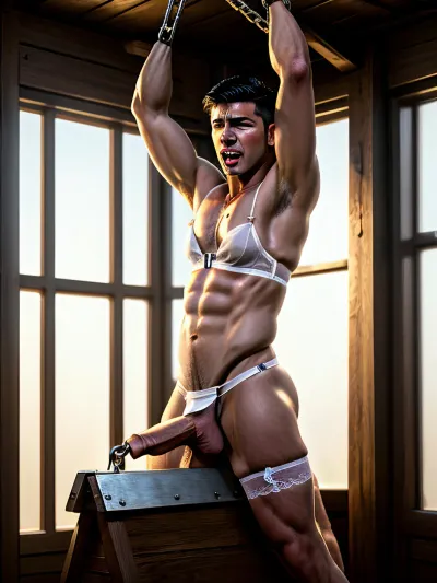 In einem Dungeon-Knast mit vielen Zimmern, gibt es einen Sissy-Junge trägt weiße Latex Höschen und Strümpfe. Er hat einen großen Penis, der aus seinem Mund austritt. Die Männer um ihn herum fotografieren ihn, während er in