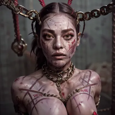 woman, gorgeous african-american, young, skinny, little princess, young face, (sexy face:1.5), (fake breast:1.6), high quality, highly detailed, high resolution, 8k, ultra realistic, highly illuminated, intricate details, photo realistic, (bruise face:1.7), (tits rope by chains:1.7), (huge metal collar neck struggling her neck:1.6), prostitute, metal collar neck, rope neck, orgasm, (breast bondage:1.6), (chain bondage:1.6), tied up, rope bondage, with her breasts tied up, full body, (red lash marks on tits:1.9), (perfect tattoos:1.6), wide hips, (Film Photography:1.2), photorealistic, Hyperrealistic, Hyperdetailed, analog style, horror, (((orgasm facial))), expression, realistic, masterpiece, best quality, golden ratio, Intricate, High Detail, film photography, skin wounds, breast, bondage, tied, up, , (bruise face, red lash marks:1.7), (blood lash marks:1.5), <lora:breast_bondage_v3:.7>, <lora:busted_v1:.8>, <lora:age_slider-LECO-v1:-2>, <lora:bondage_purple_breasts_v1:.8>