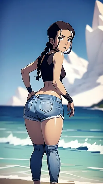 Katara, the best quality AI porn, is a masterpiece with her full body and toned skin. She's looking at you with a braid hairstyle and jewelry, wearing an iceberg background. Her dark skin looks amazing in the picture