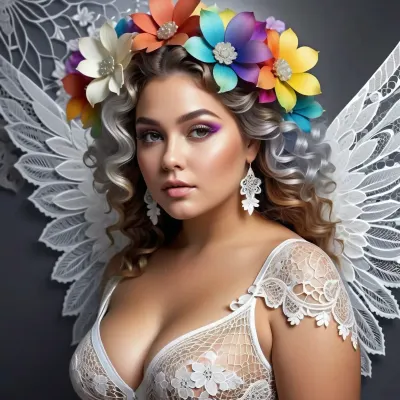 Beyaz kanatlarıyla bir chubby melek kadını ve kıvırcık saçları her şeyle birleşen bir gökkuşağı örtüsü dövmesi ile çevriliydi, 3D gölge etkisi yaratıyordu. Onun ince yüzü, etrafındaki kalın gümüş ışıltılı mistle kaplıydı,